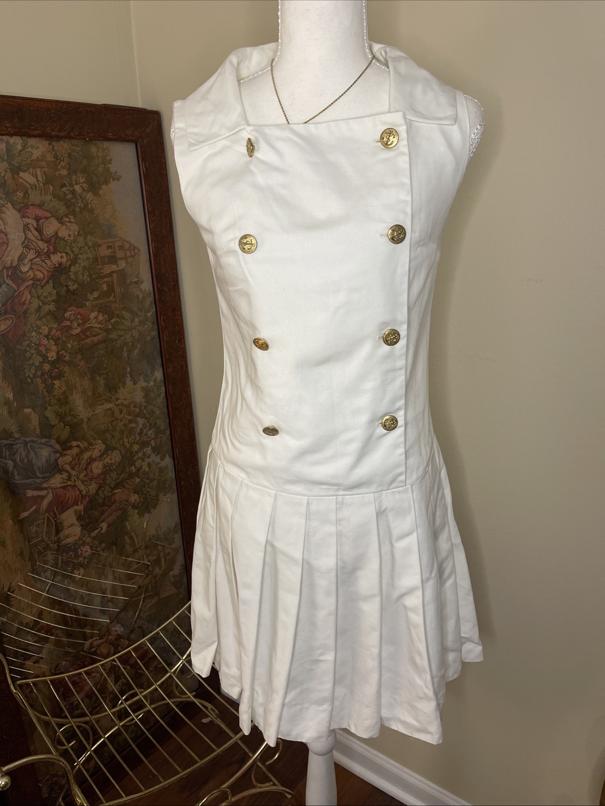 Vintage Thermo Jac Nautical Sailor Dress White Gold Button Pleated