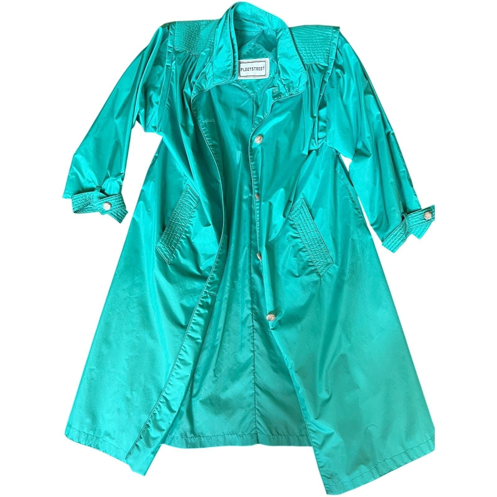 Vintage Fleet Street Teal Trench Coat Retro Chic Pleated 80s Slicker Sz 10
