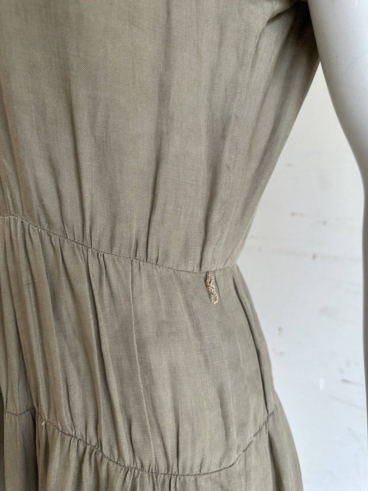1940s 1950s Olive Green Dress Peter Pan Collar Rayon Linen Feel