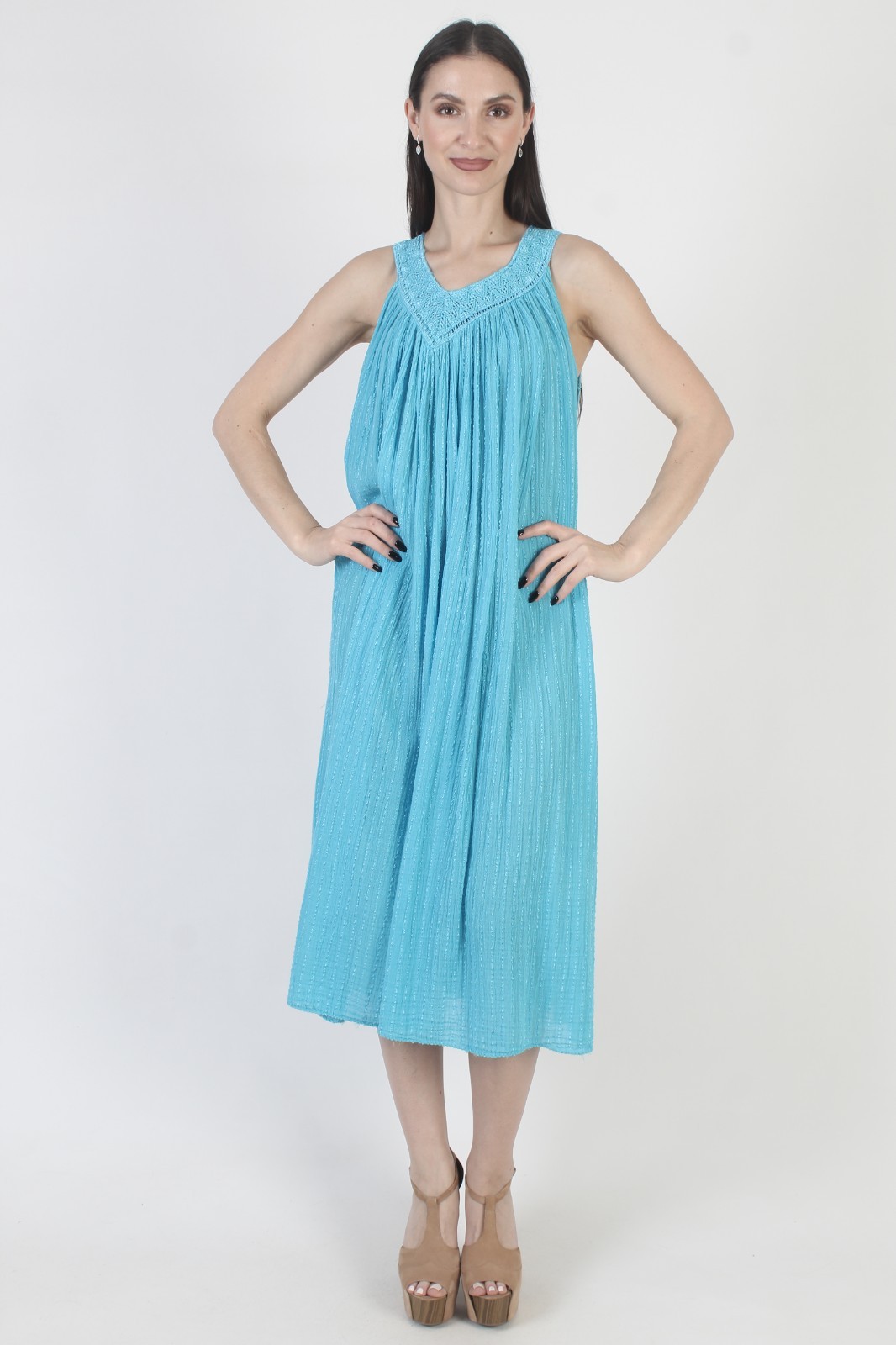 Vtg Turquoise Gauze Dress Cover Up Crochet Mexican Beach Kaftan Ethnic Sundress