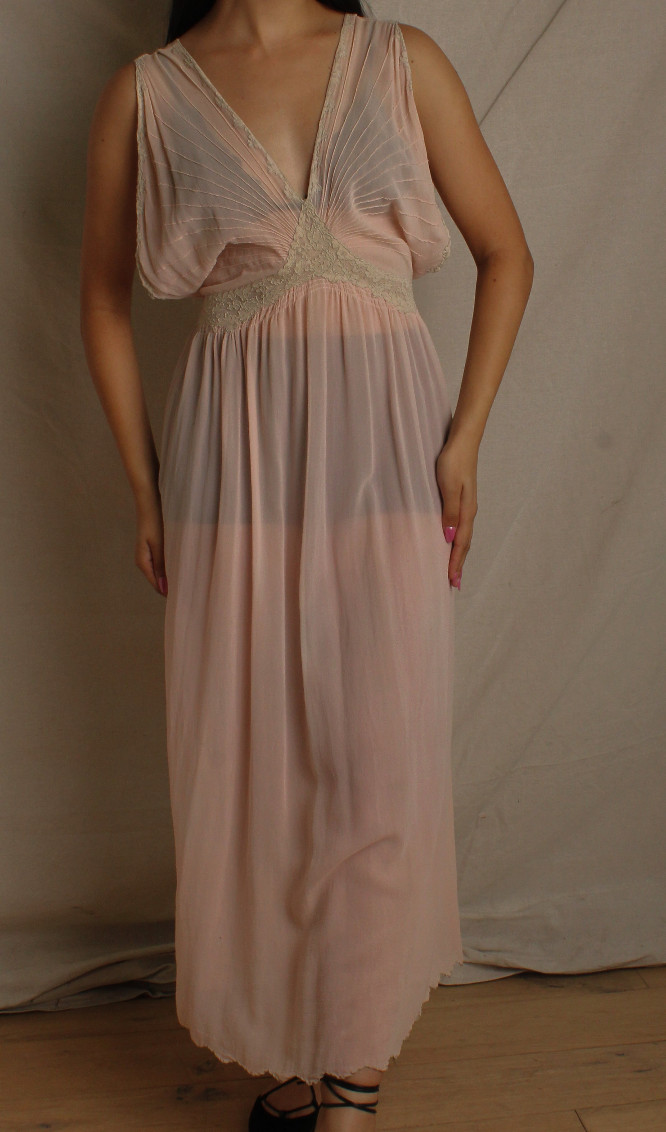 Vtg 30s Pleated Pink Silk Chiffon Lace Insertion Slip Dress Long Gown