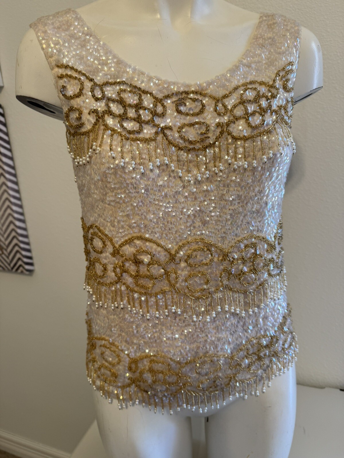 vintage 50s 60s Hong Kong Handmade Ornate Ivory Gold wool Beaded Sequin Top XS S
