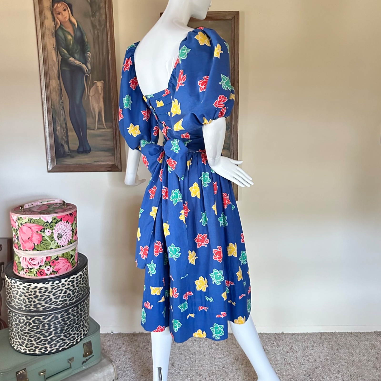 Vintage 1980s Bright Floral Coquette Balloon Sleeves Fit n Flare Party Dress M