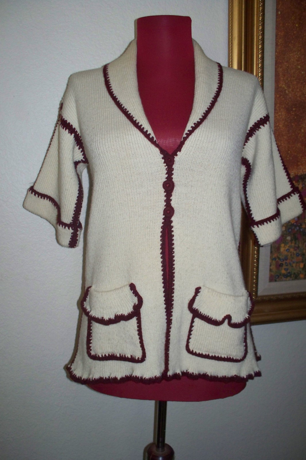 Vintage Hippie Bohemian Knit Burgundy & Off White 2 Tone Women’s Sweater sz L