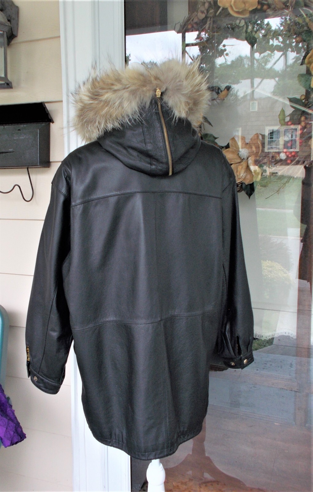 Vntg Jacqueline Ferrar Genuine Leather Jacket Coat Black W/Coyote Fur Hood L/XL