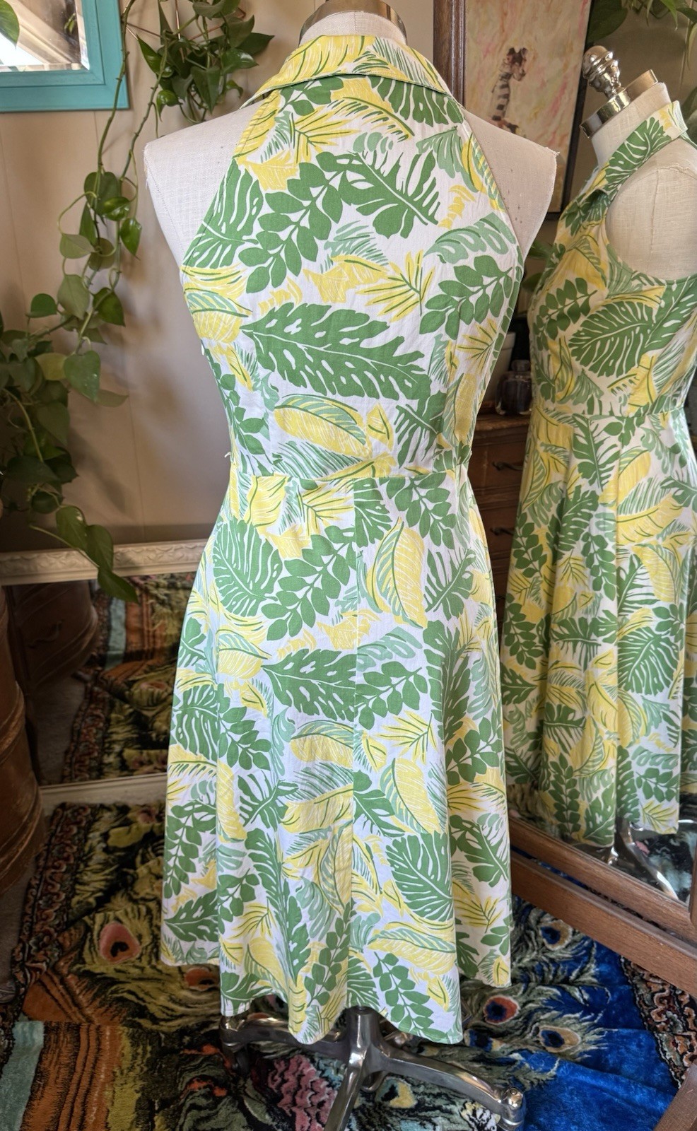 Vintage 1990s Women’s DBY Yellow & Green Leaves Fit & Flare Dress Size 7/8