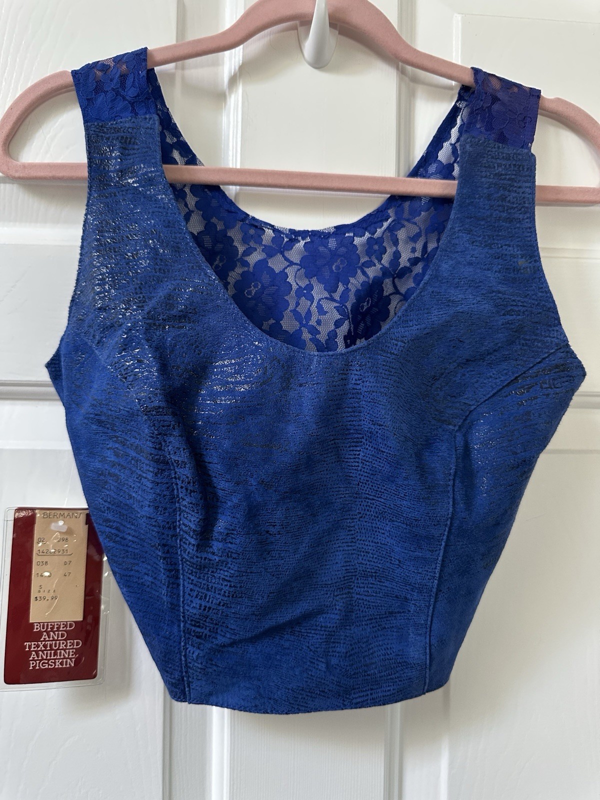 Vintage Bermans 80’s Blue Leather And Lace Crop Top, NWT, Size Small