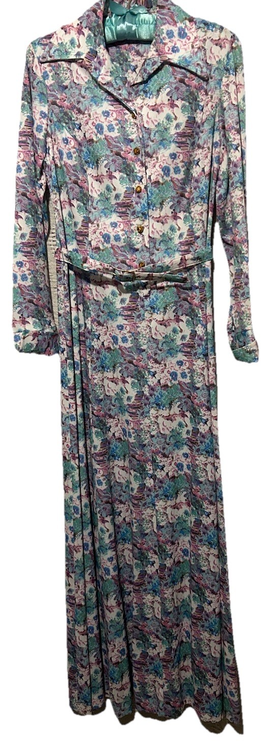 Vintage 60s Dress 10 Stretch Knit Belted Floral Print Boho Garden Party Maxi S/M