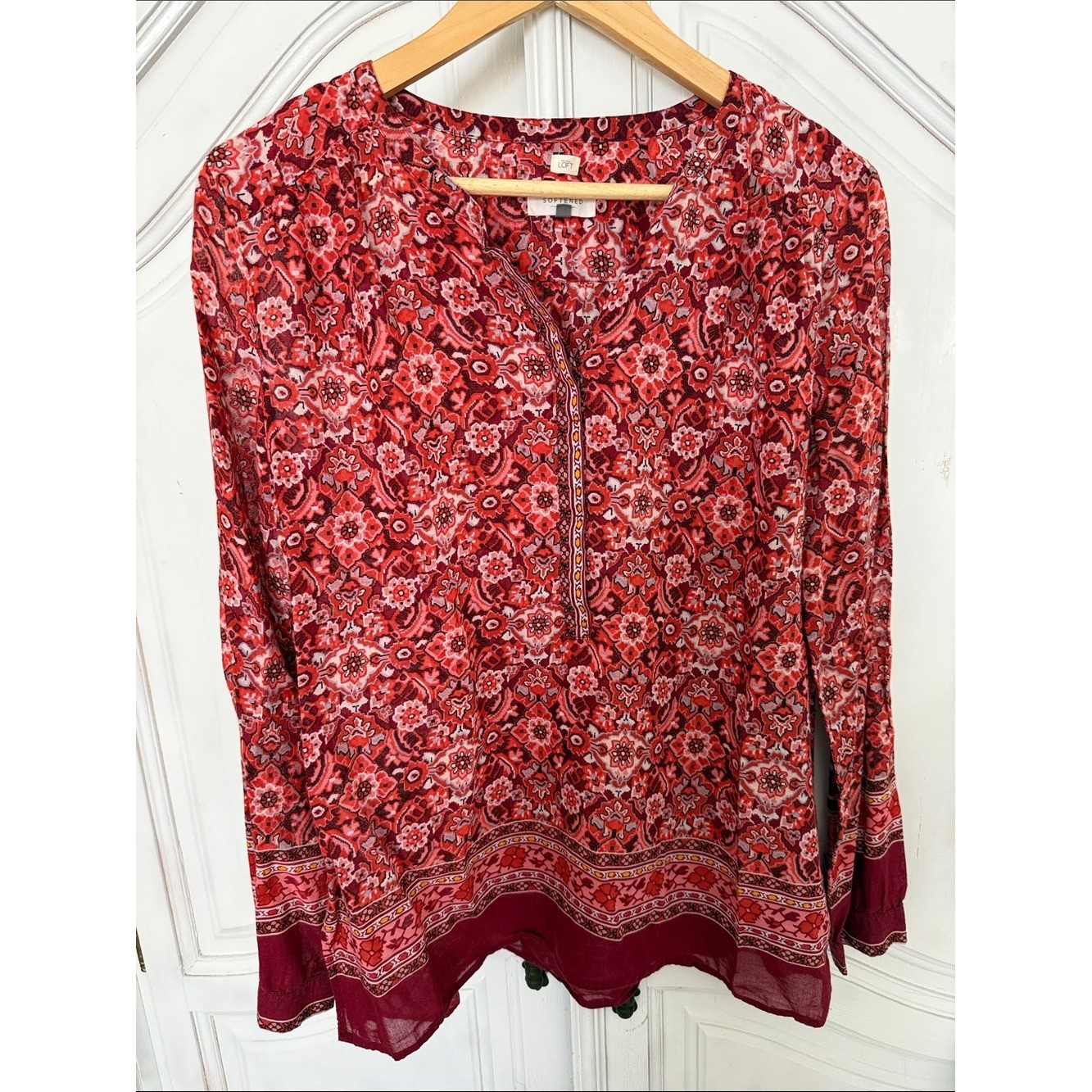 LOFT Floral Boho Blouse – Long Sleeve Split Neck Top | Breezy Women’s Size M