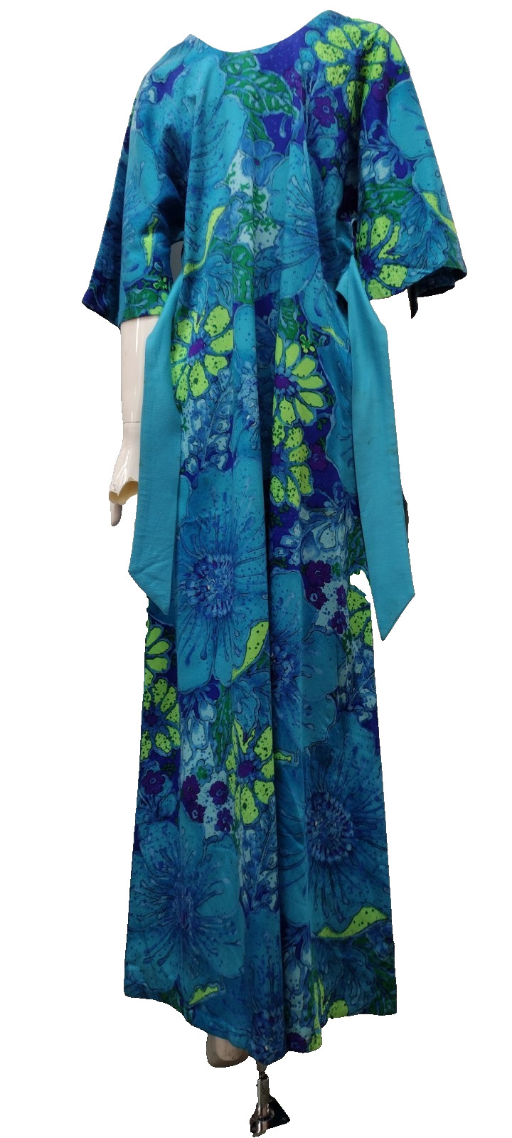 Vintage Maxi Dress Barkcloth Neon Turquoise Huge Flowers 60s Draper’s TWO POTATO