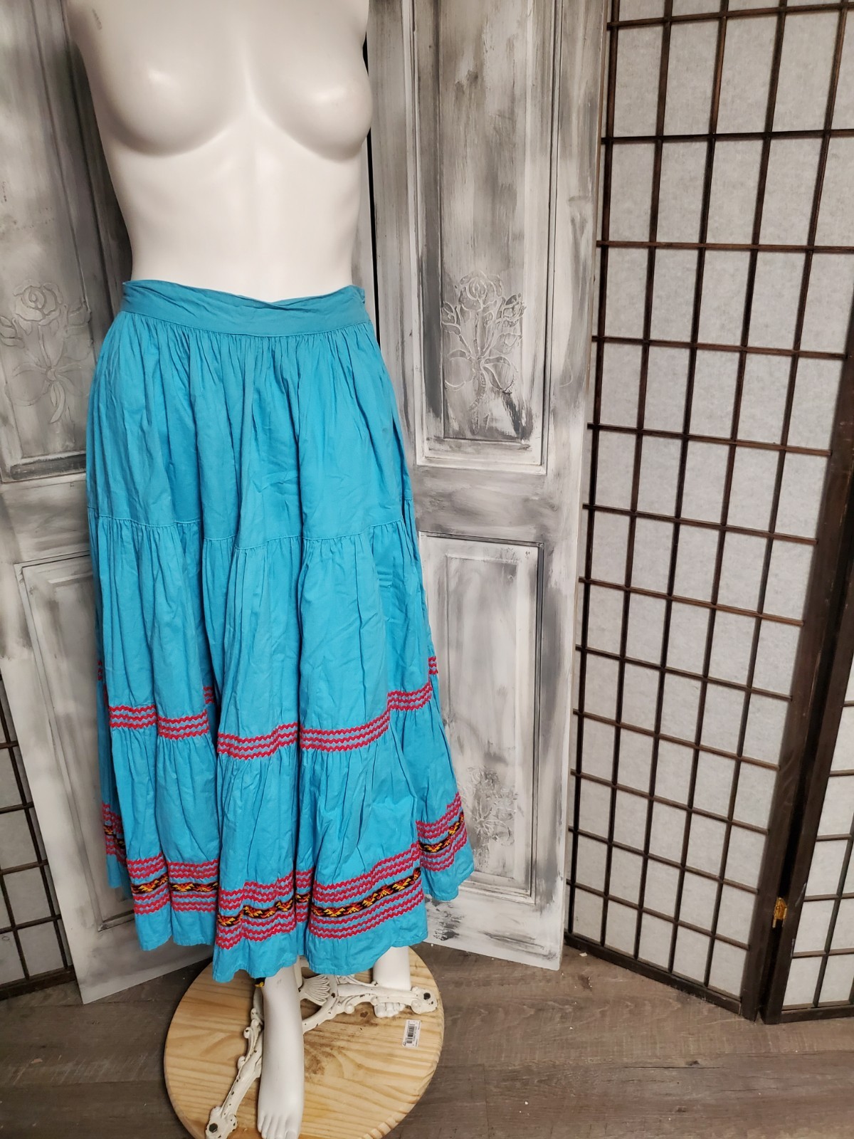 XS Vtg Mexican Patio Peasant Dress Skirt Ric Rac Trim Full Circle 50s Western
