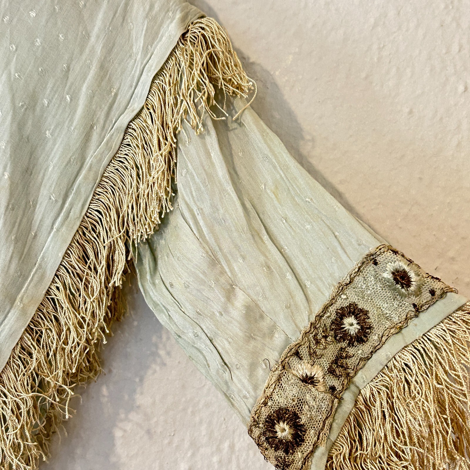 READ AS IS Antique Edwardian Blue Dress Fringe Trim Embroidered Study Fragile