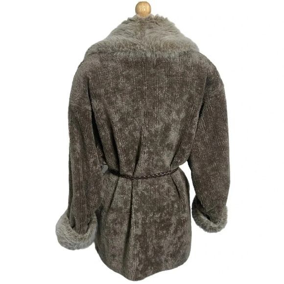 Monterey Fashions Faux Fur Coat Medium Brown Vintage Belted Shawl Collar USA