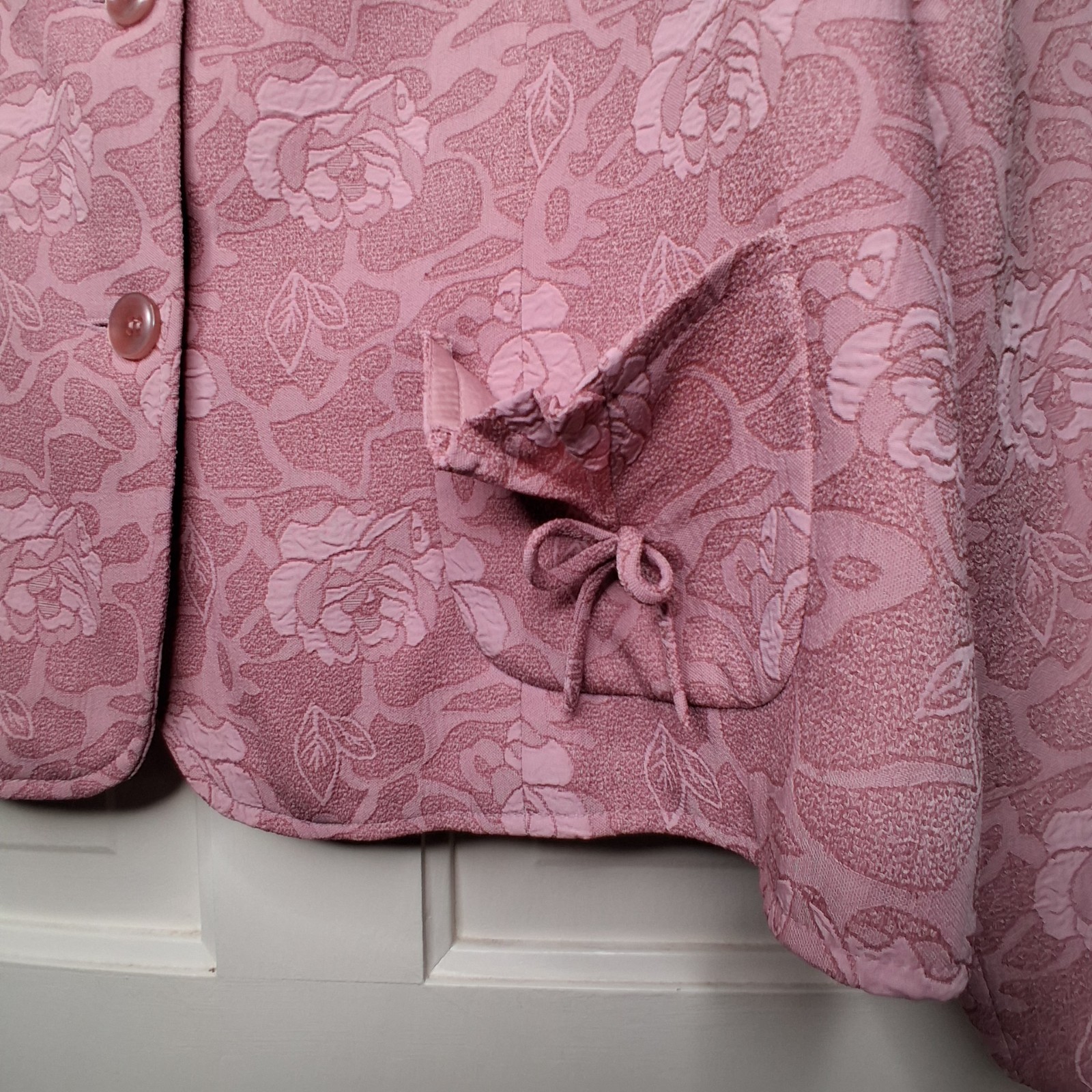Stanley Blacker Pink Rose Sz 18 Jacquard Floral Spring Coquette Bow Blazer Vtg