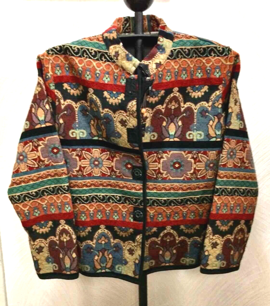 Tapestry Jacket Flashback Burgundy Green Black Womens Size L Unlined