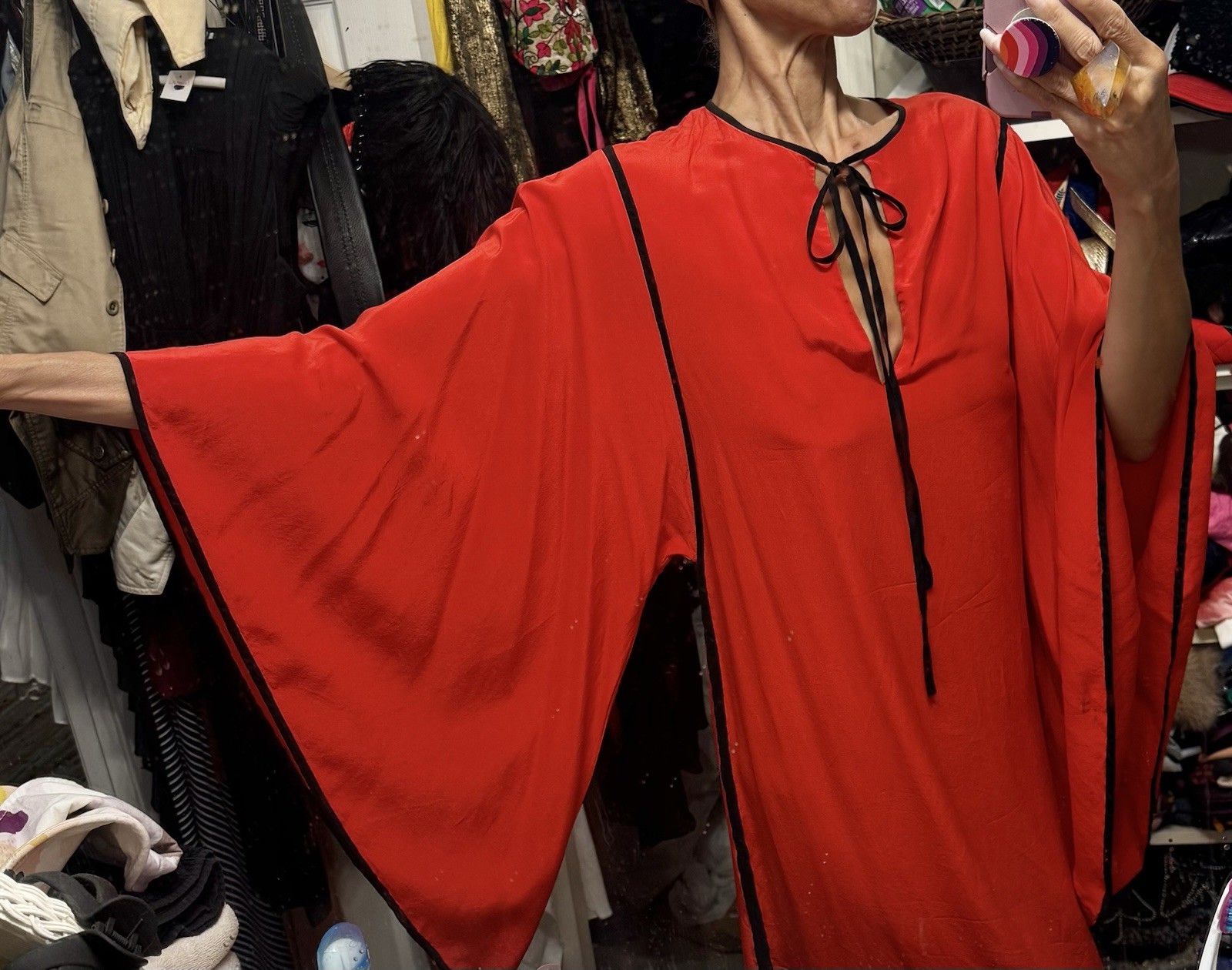 Vtg British Hong Kong Red Silk Dress Kimono Sleeves Caftan Goddess Pull On S XS
