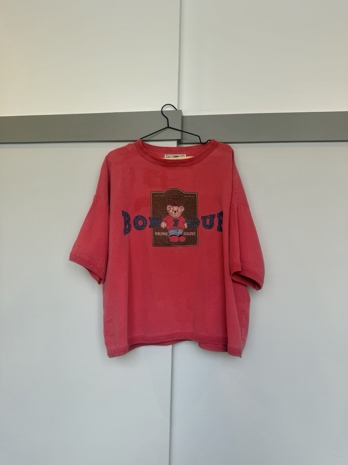 Vintage Bonjour Teddy Bear Graphic T-Shirt Pink Oversized 100% Cotton One Size