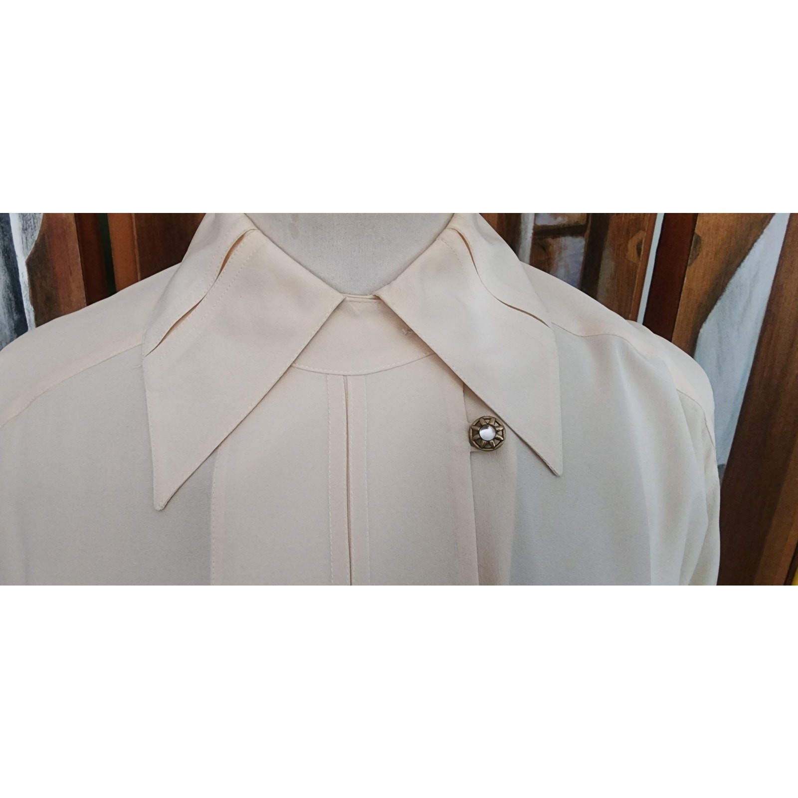 Vintage 1980s Karl Lagerfeld Blouse Cream Silk Shirt Asymmetric Button Down Med