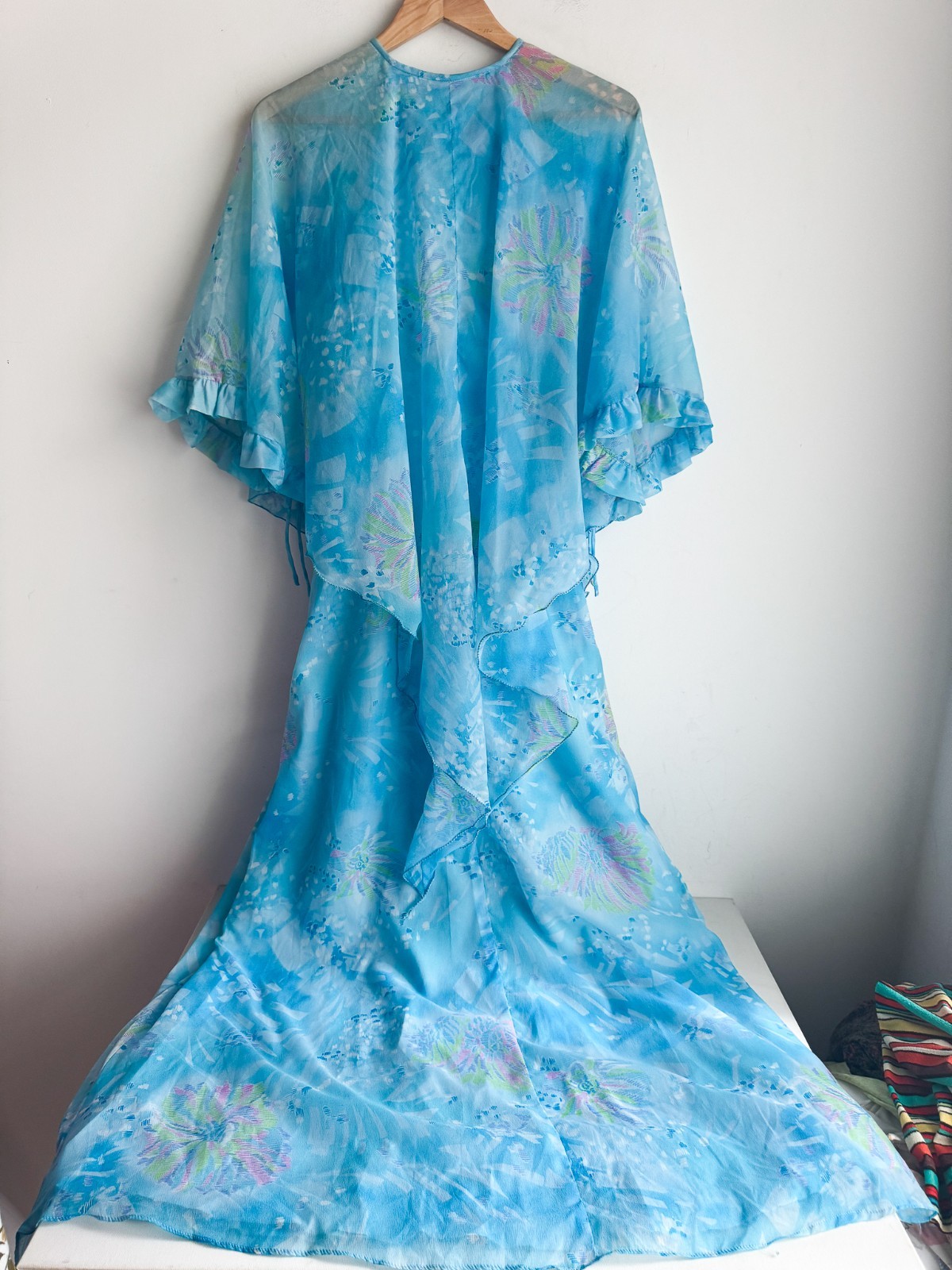 Vintage Sky Blue Maxi Dress With Cape Bodice Modest Mother of Bride Wedding S