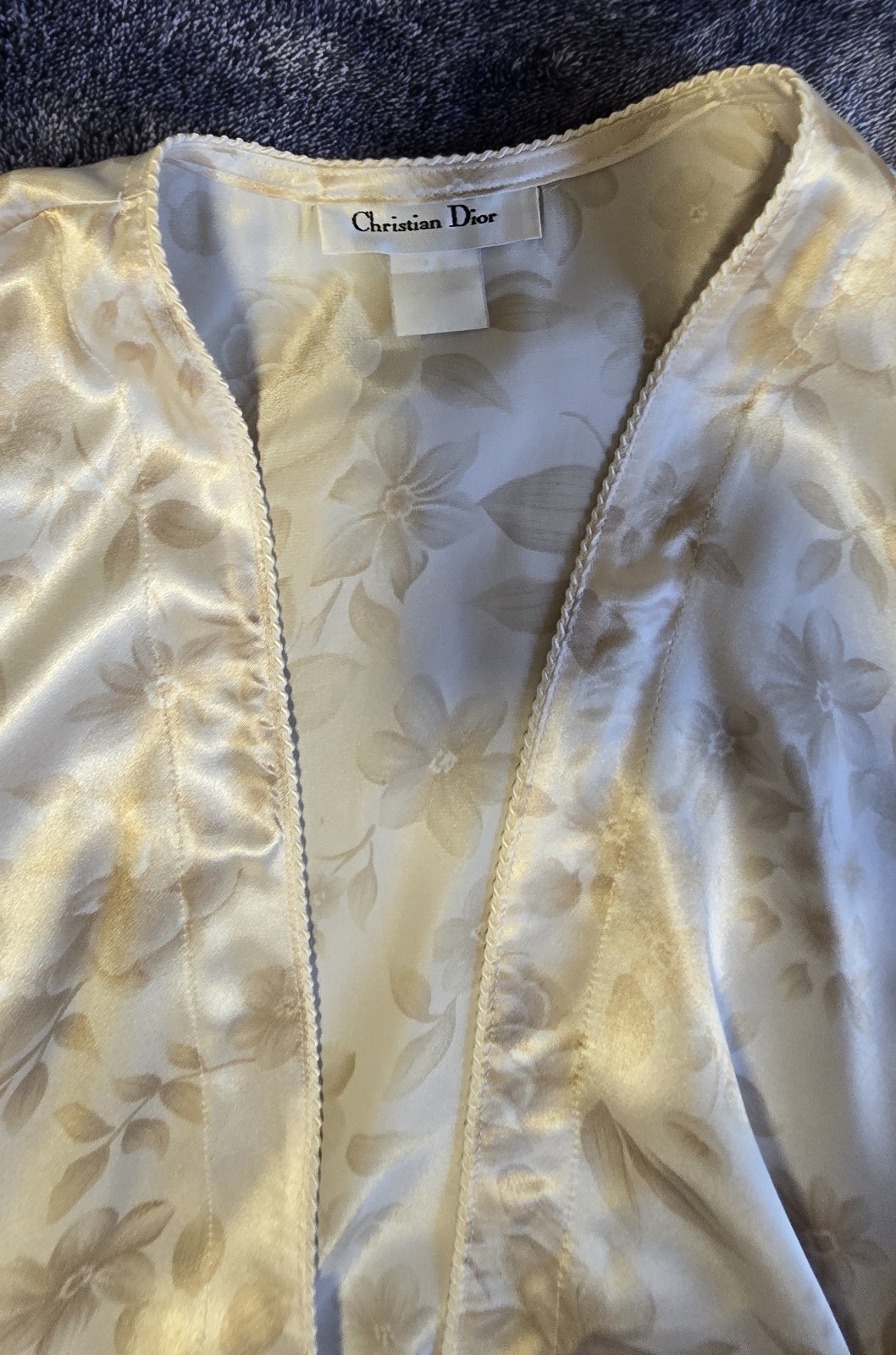 Vintage Christian Dior Satin Floral Jacquard Lace Robe Cream Gold, M