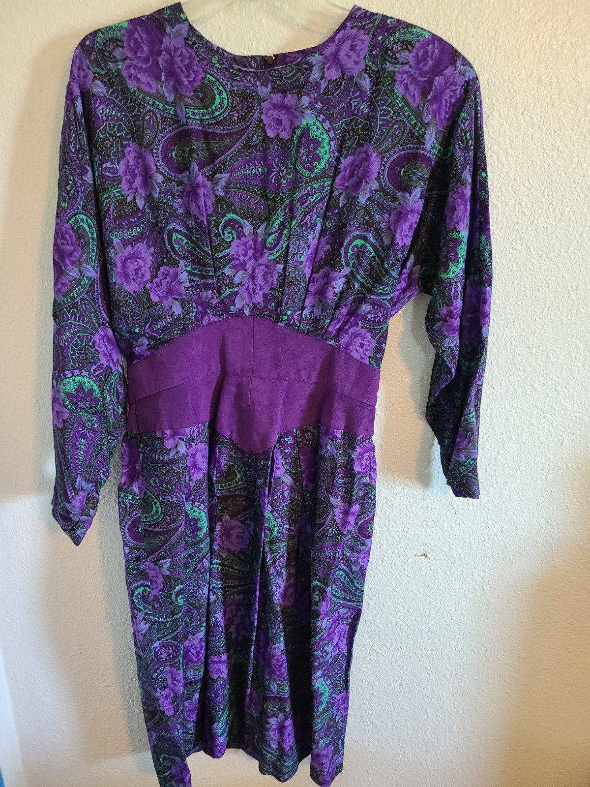Vintage 80s Retro Jessica Cole Purple Leather Waist Dress Size 10 Medium
