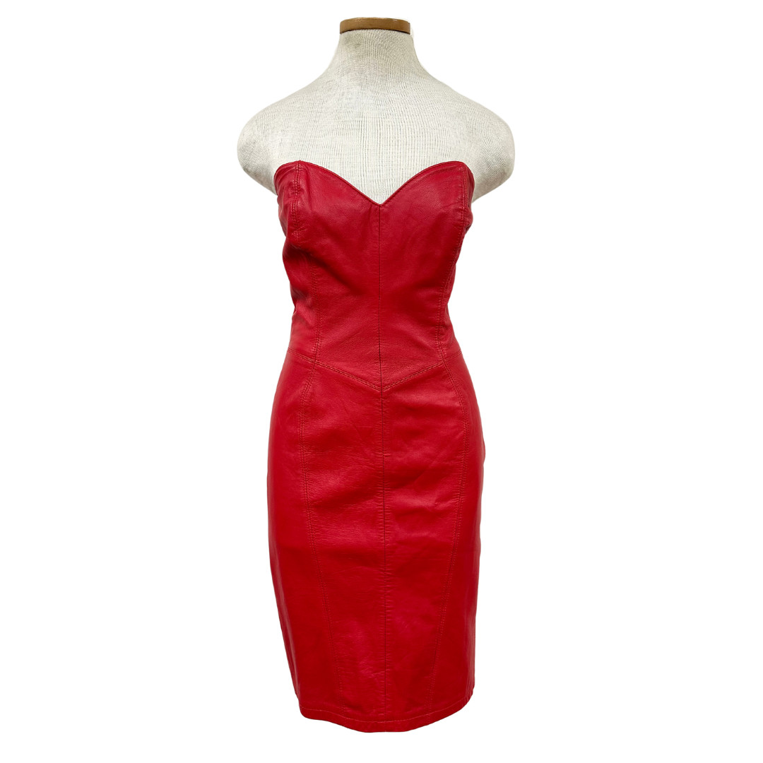 Vintage Michael Hoban Leather 90s Red Strapless Lace Up Dress