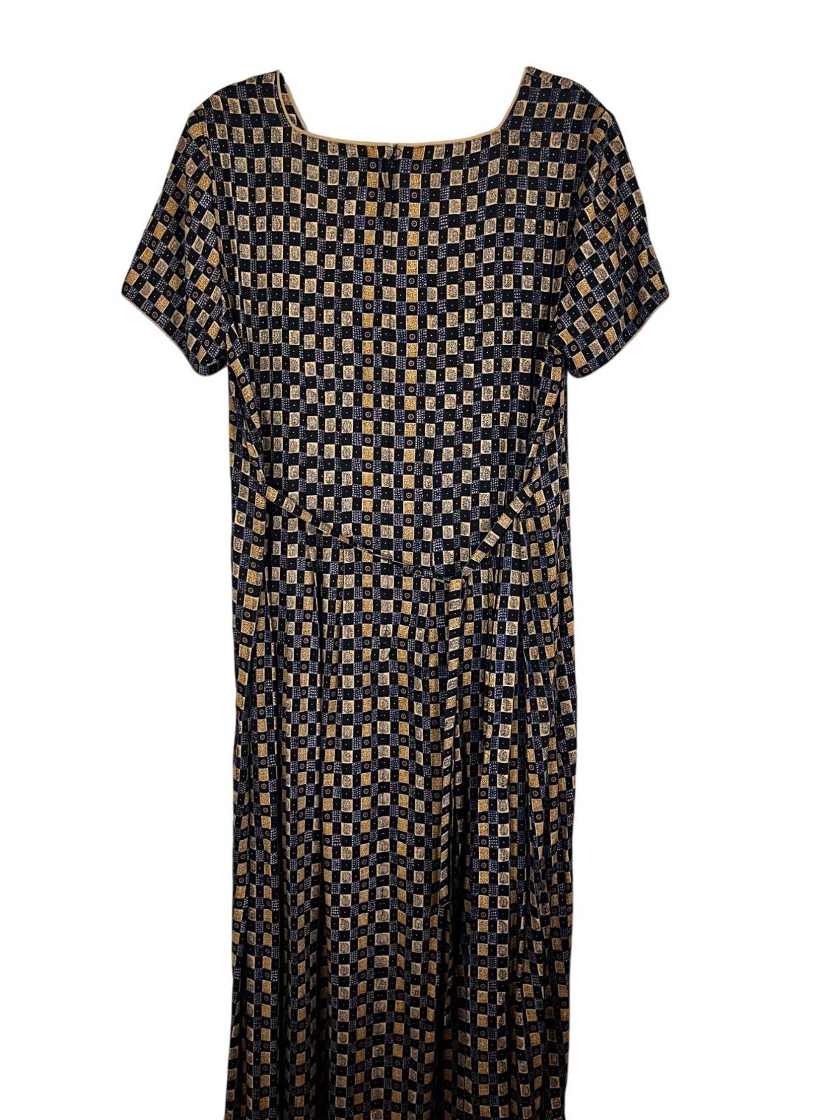 Vintage Plaid Maxi Dress Blue 14 Pleats Geometric Belt Boho Indie Folk Festival