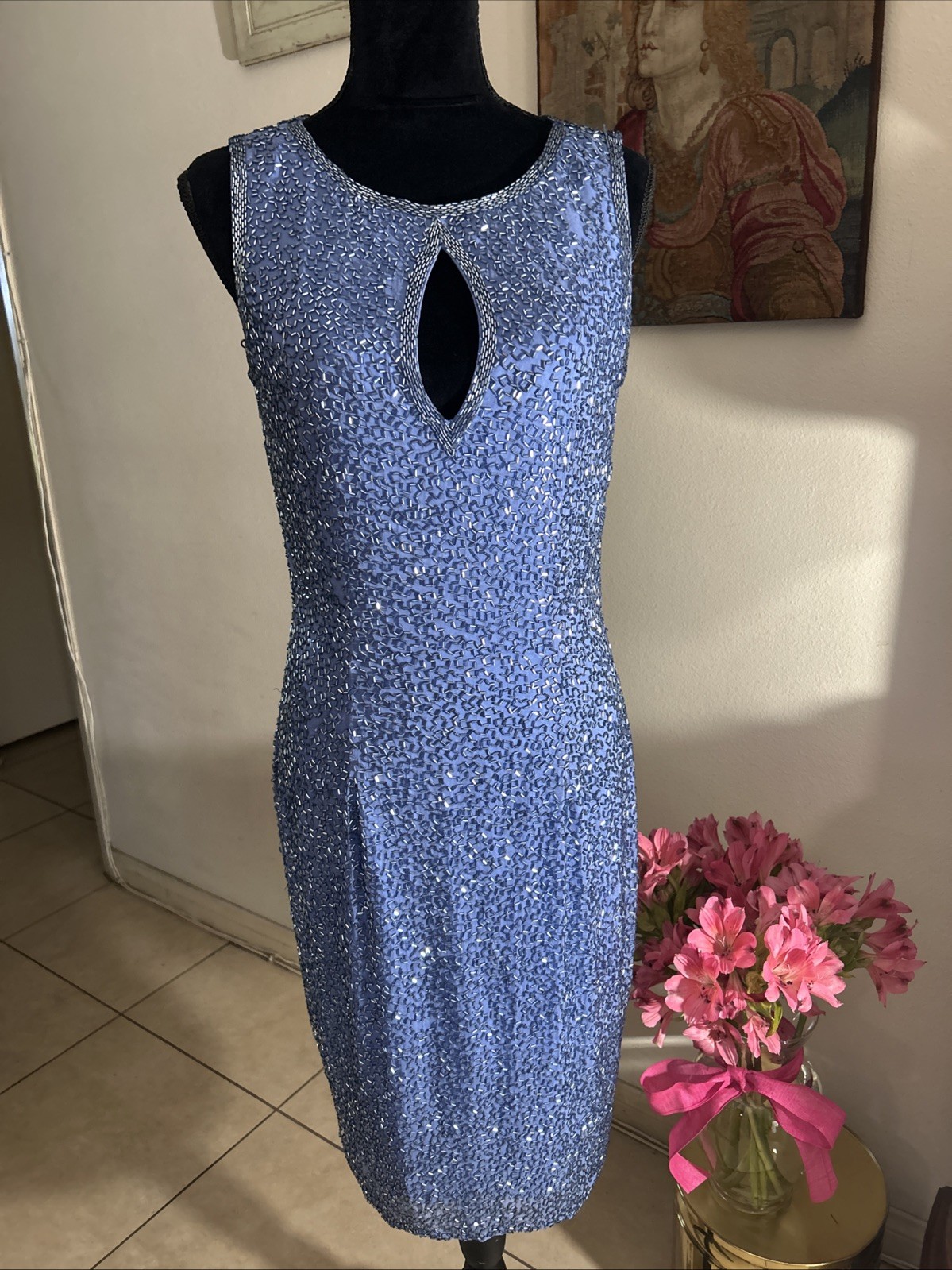 VNTG~Black Tie~Oleg Cassini~Cornflower Blue~Evening Dress~Ornate Beading~Sz 8
