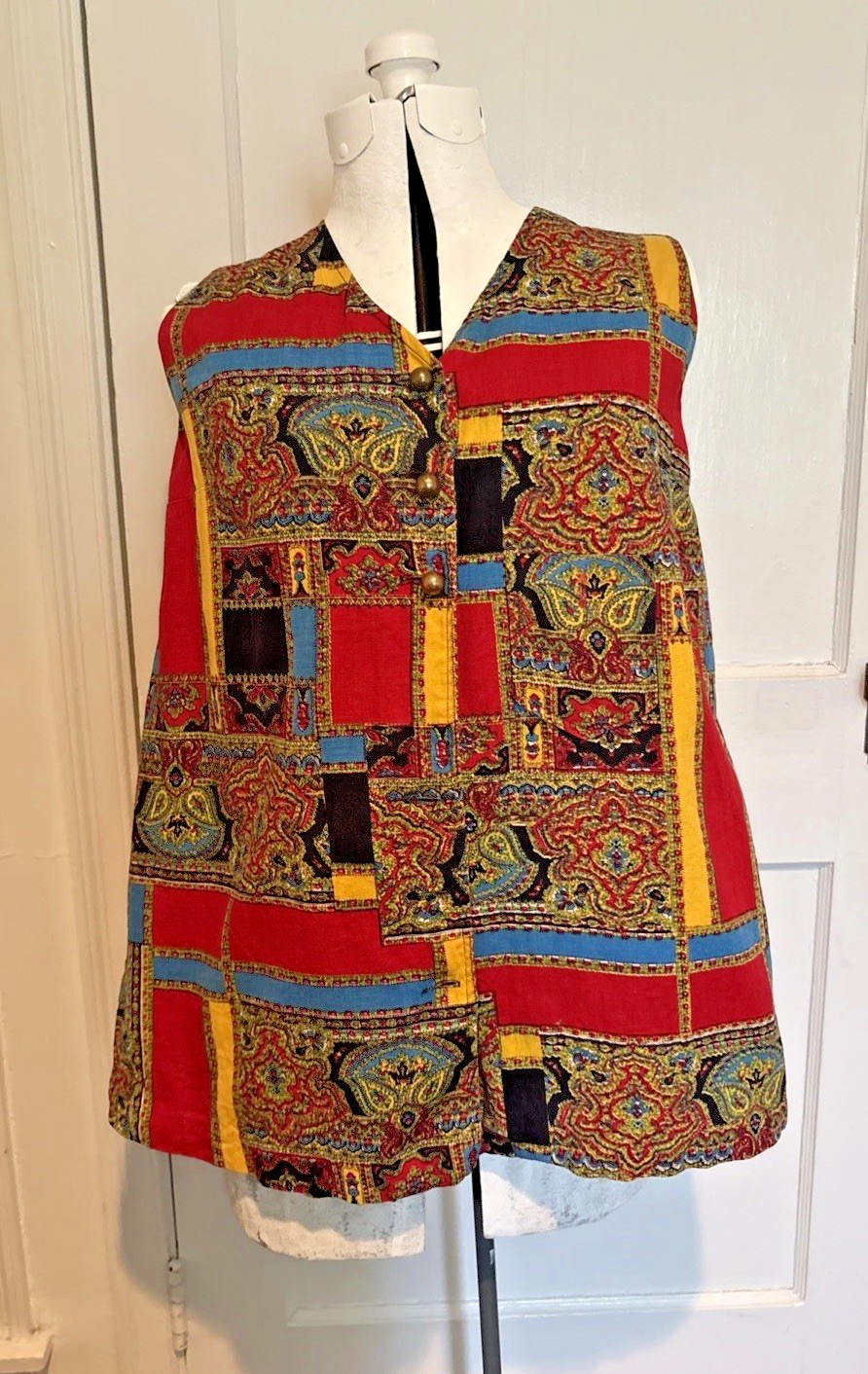 Vintage Tunic Vest Top L California 1970 Pop Color Groovy Paisley Brass Buttons