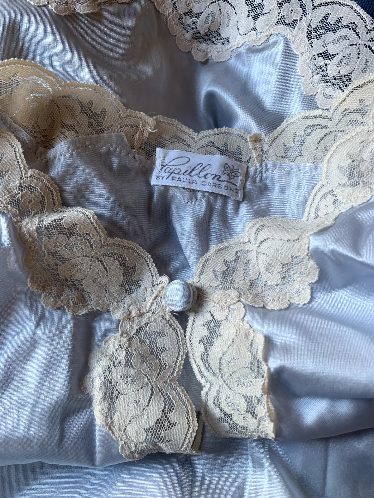 Vintage Papillon by Paula Carbone Blue Lace Trim Sleeved Antron III Nylon Small