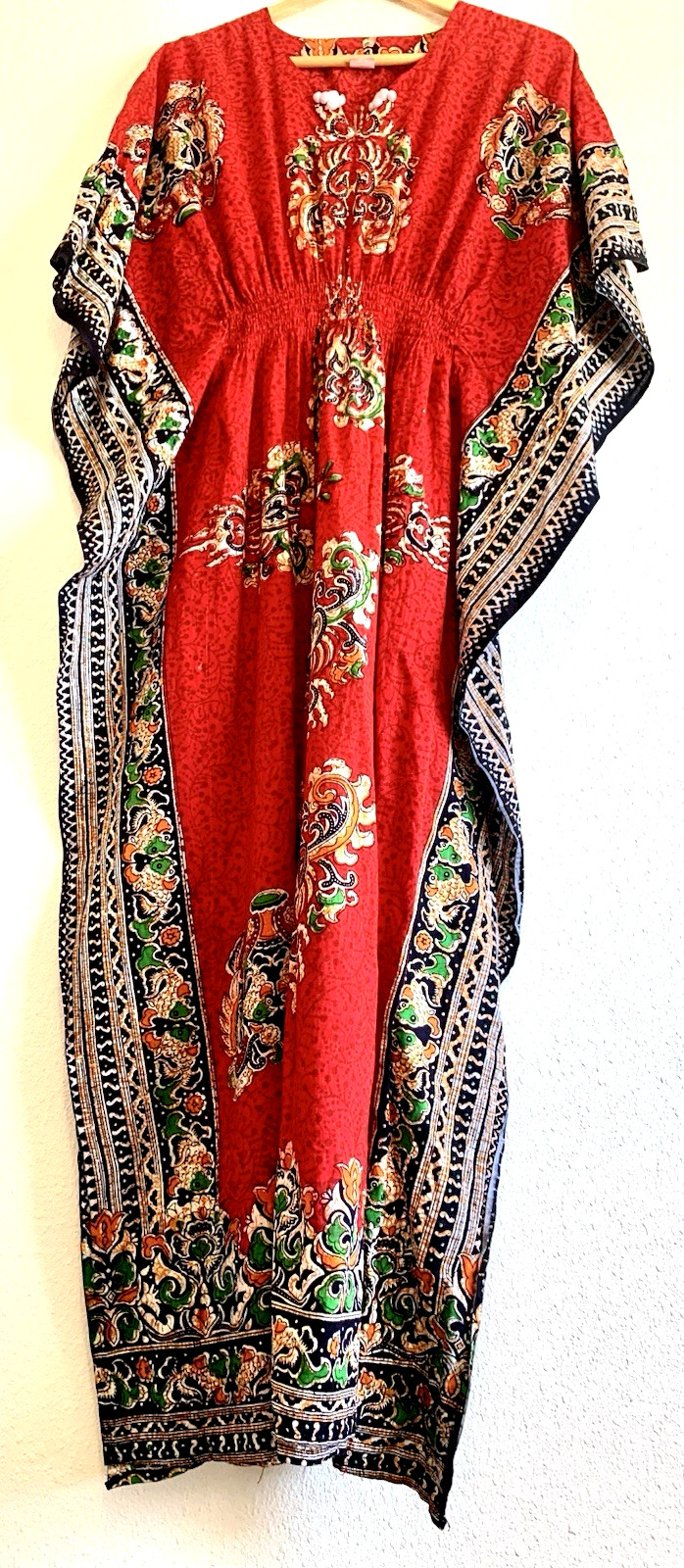 VTG RED BATIK Asian Maxi Long DRESS Kaftan Muumuu Lounge Flutter Empire LARGE