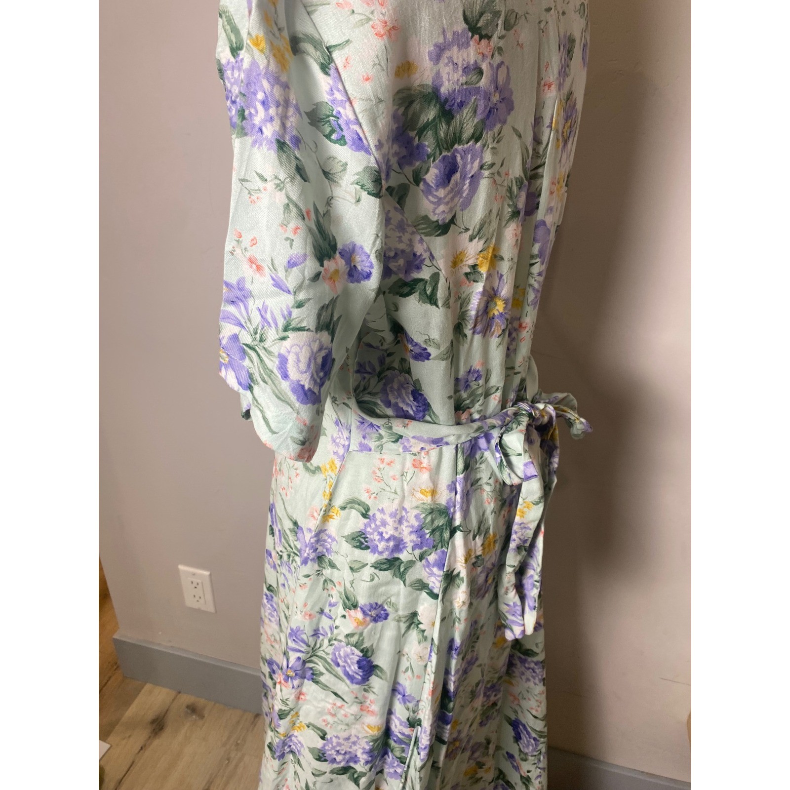 Ellen Ashley Vintage 90s Floral Maxi Dress Mint Green Purple Rayon Size 12 Boho