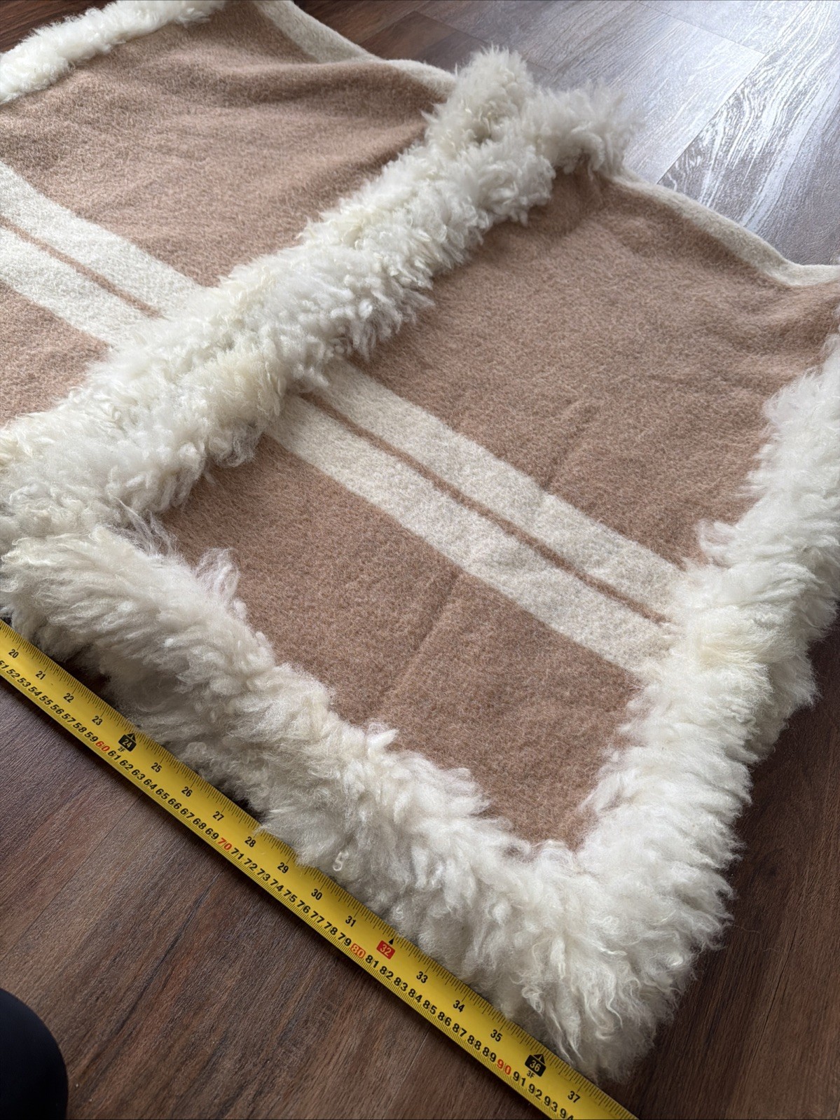Vintage Boho Shearling Alpaca Trim Wool Cape Poncho Striped Wrap OS