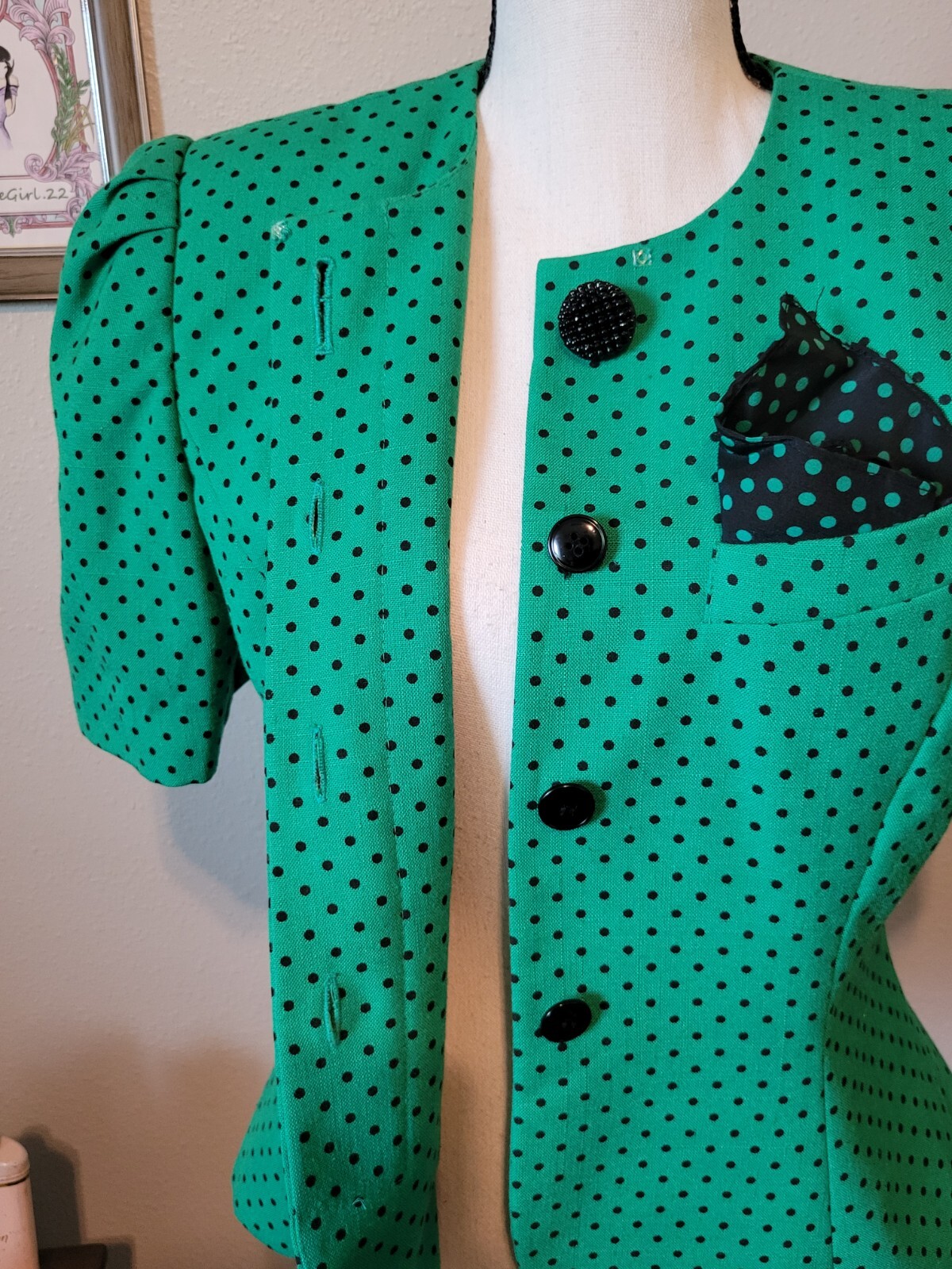 50s Style Jacket Green w/ Black Dots, Shortsleeve Button By Kasper for ASL Sz 4P
