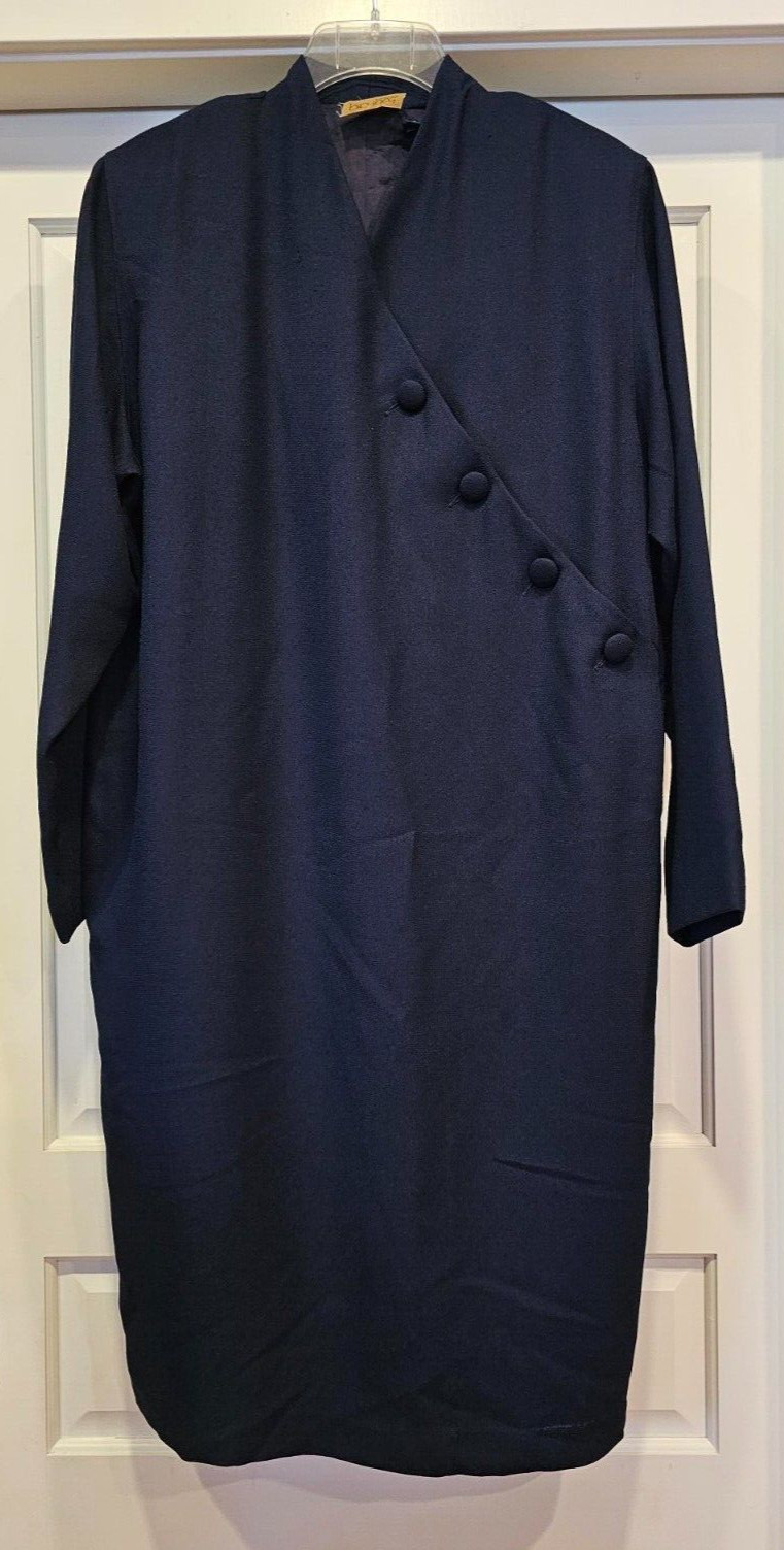 Vintage 1980s Pia Rucci Navy Blue Buttons L/S Career Cocktail Dress 12 FREE S&H