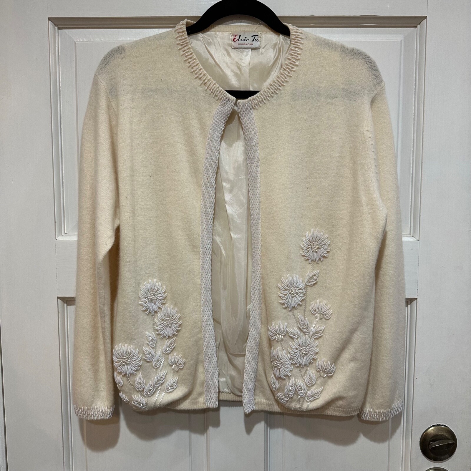 50s Cardigan S Elsie Tu Ivory Beaded Floral Classic Neutral Romantic Retro Vtg