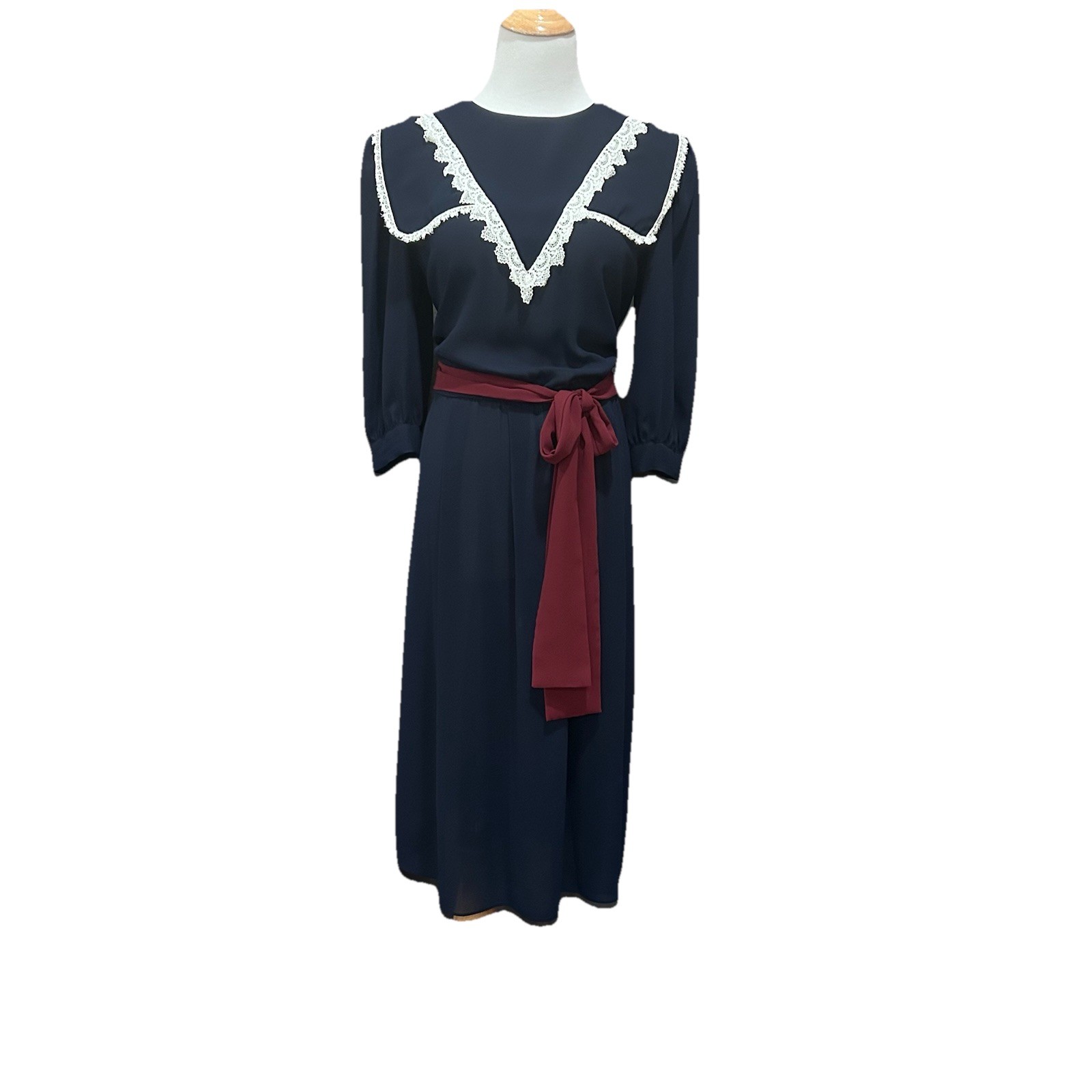Vintage Women’s 80s Sailor Nautical Prairie Navy White Dress Midi 10