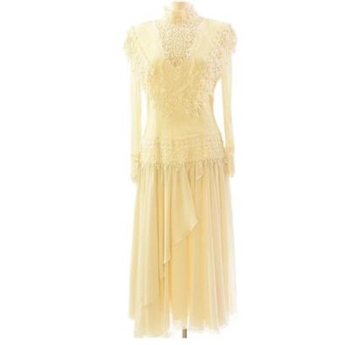 70s Vtg Jessica McClintock Ivory Lace Prairie Bridal Dress M Stand up Collar