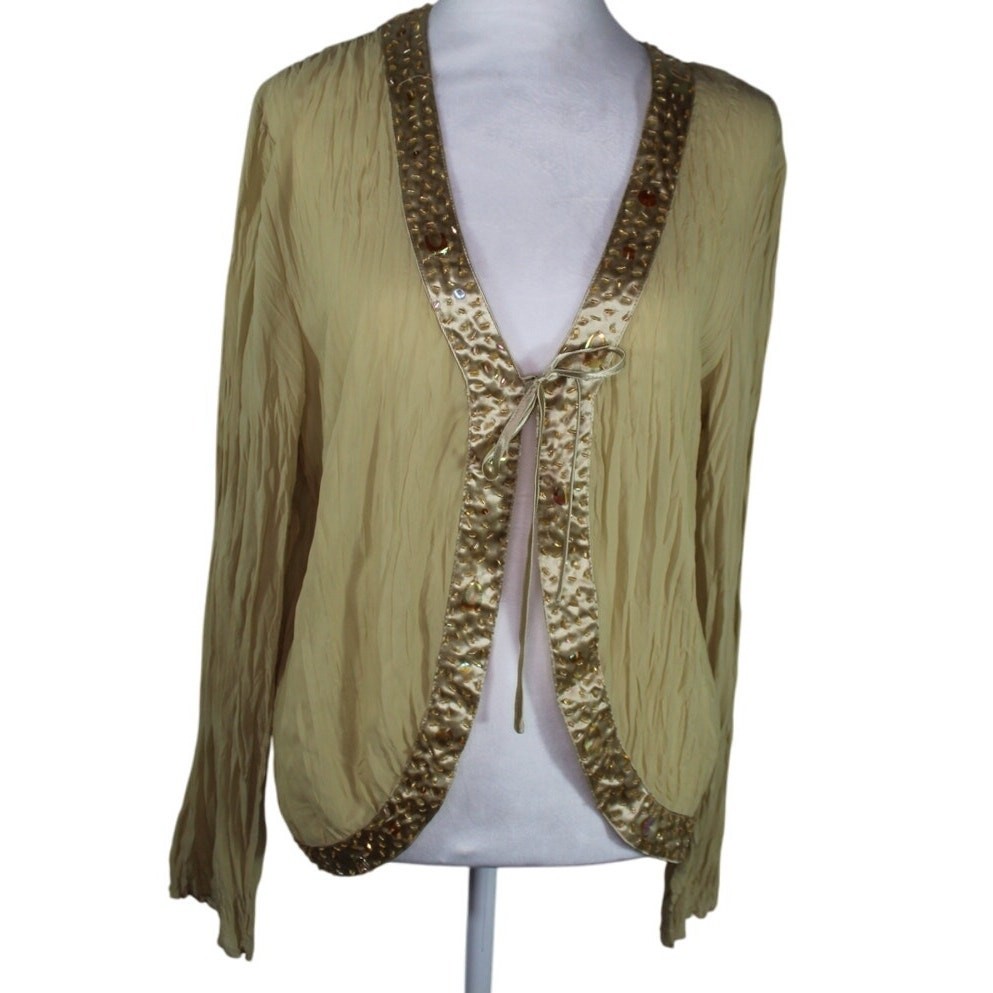 Vintage Kaelyn Max Y2K 90s Sheer Cardigan Beaded Satin Trim Tie Front XL