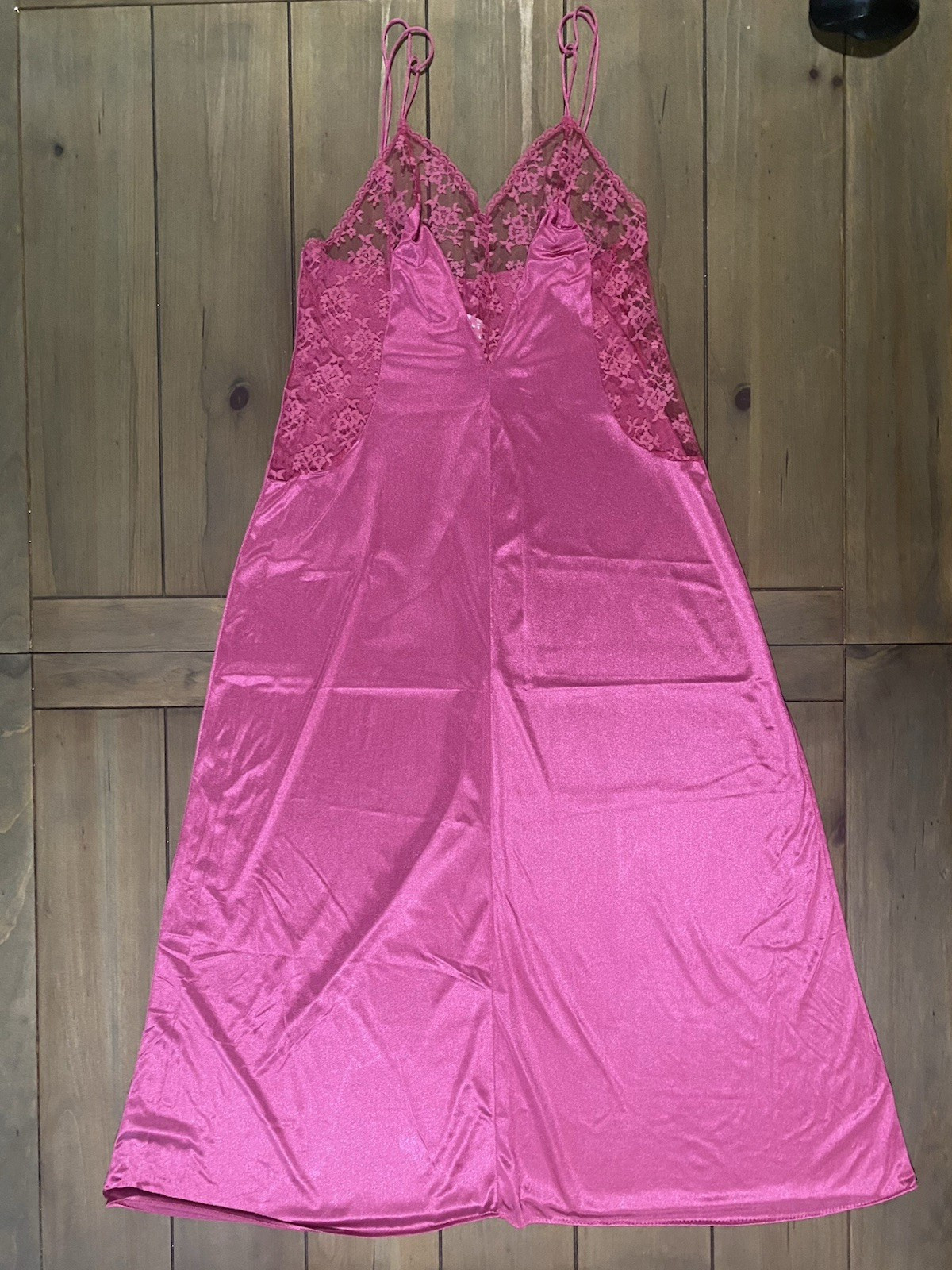 Silky Hot Pink Magenta Nylon & Lace Slip Style Long Nightgown Nightie Size M 14