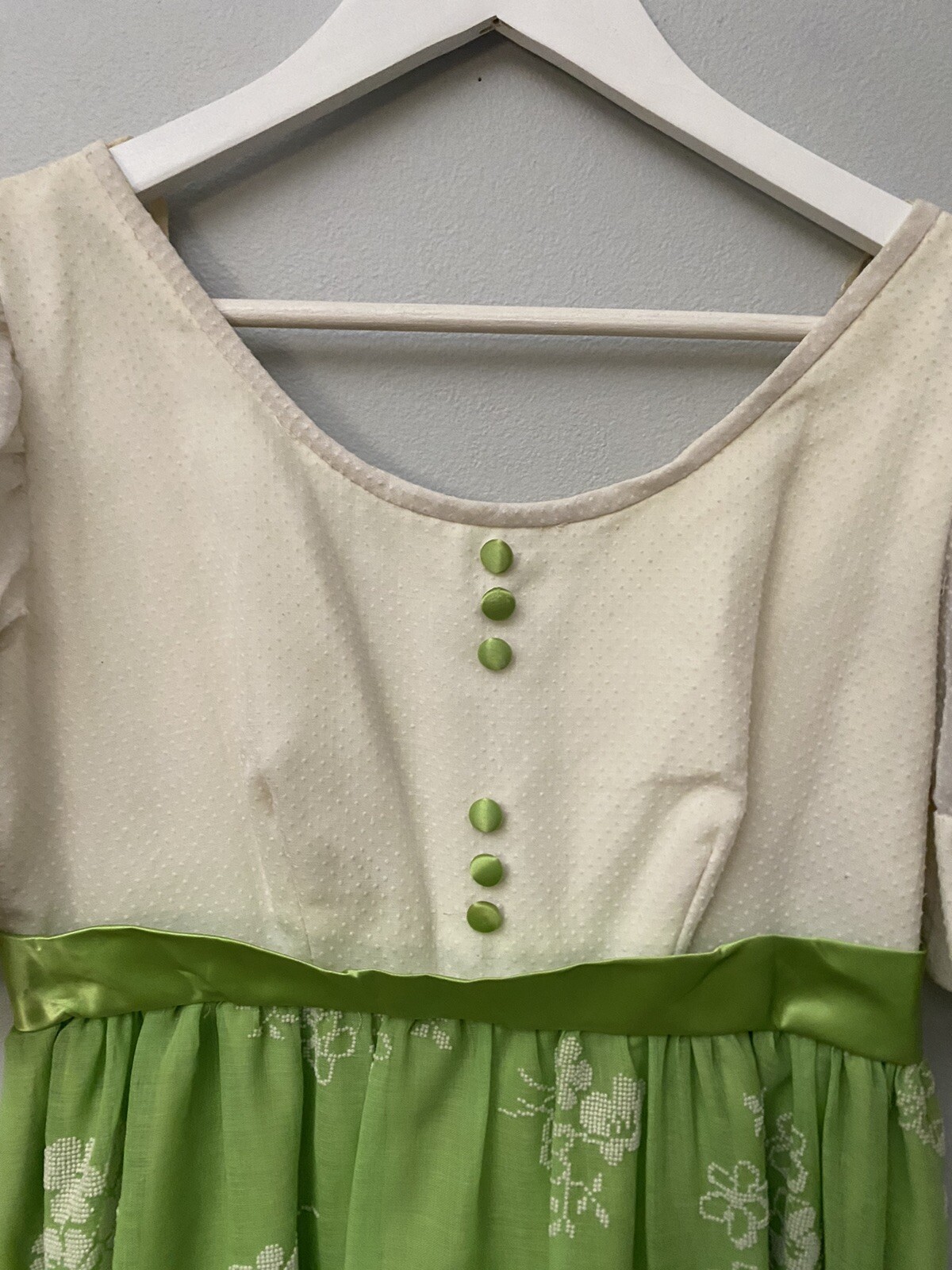 Vintage 60s Cari-Lyn Green Floral Swiss Dot Empire Waist Dress Prairie Cottage