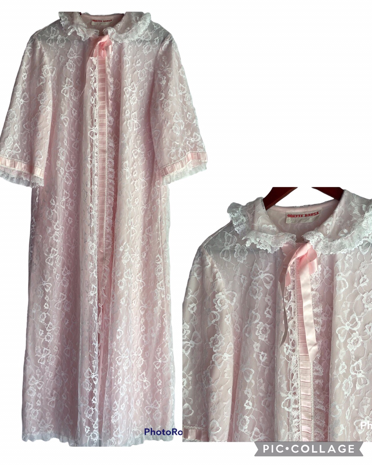 Vintage Odette Barsa Peignoir M/L Lace Overlay Lingerie Long Robe Baby Pink MINT