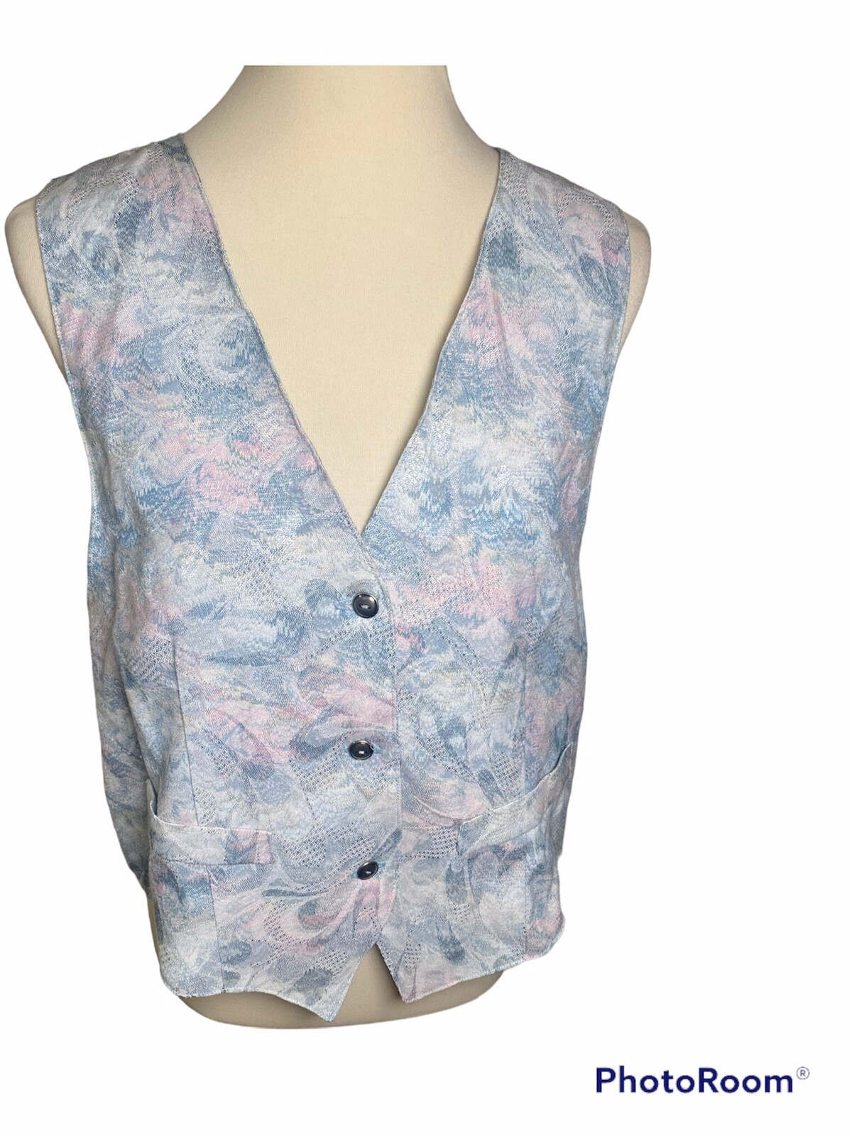 Vintage 80s Blue and Pink Swirly Textured Vest with Buttons.