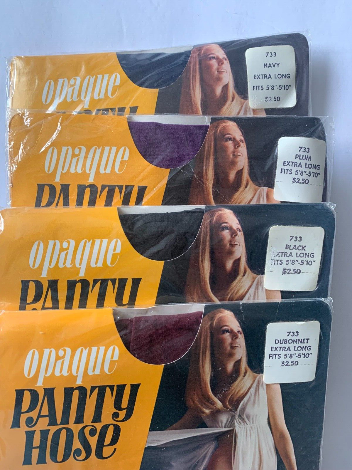 4 XL VINTAGE La Pointes Opaque Pantyhose Black, Plum, Navy, Dubonnet 1970s NIP