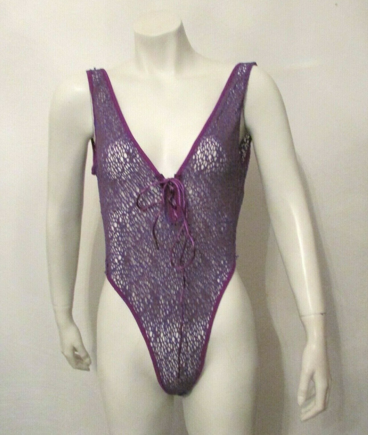 70’s Shirley of Hollywood 725 Purple Fishnet Hi Leg Bodysuit Teddy L made in USA