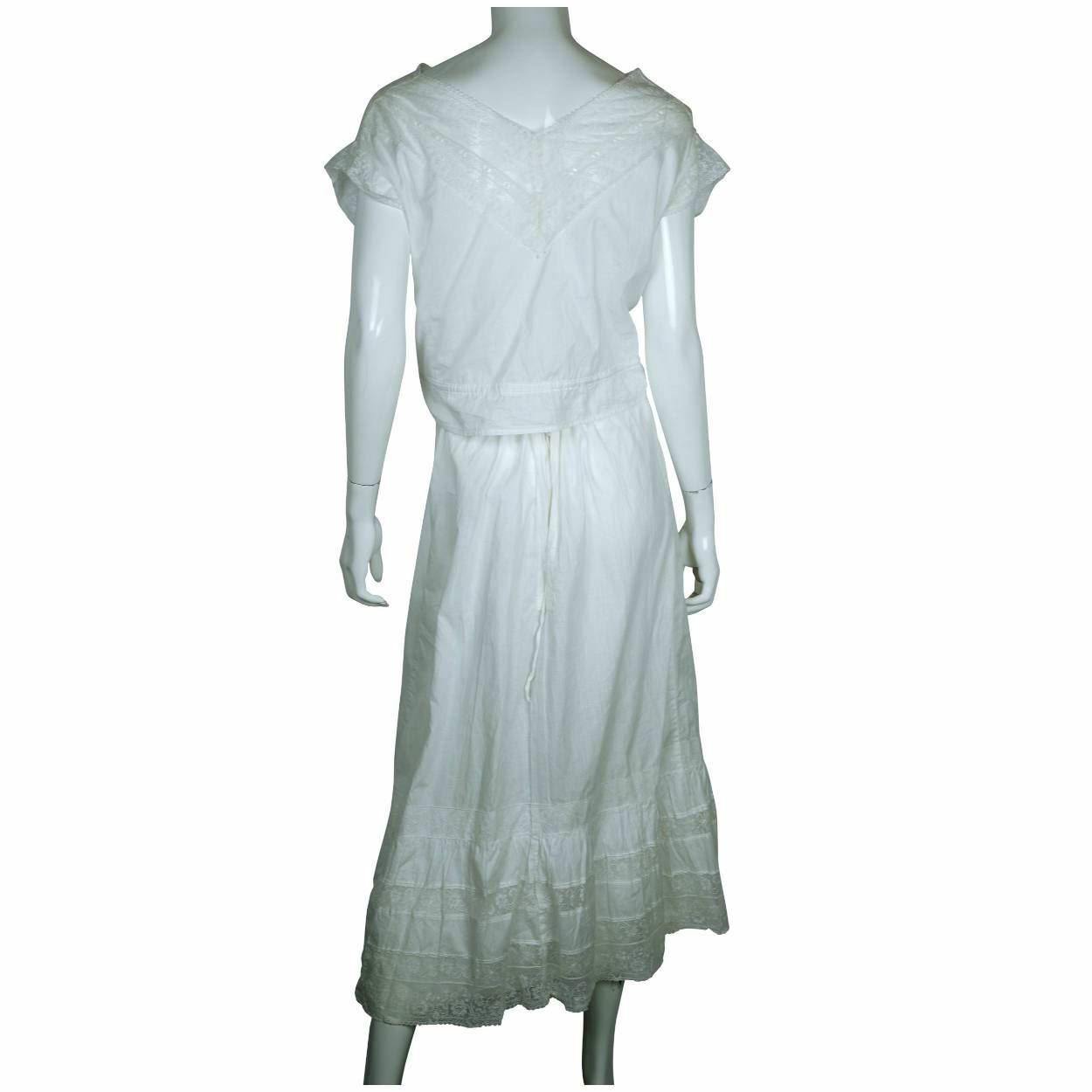 Antique Edwardian White Cotton Petticoat & Chemise Set w Lace Trim Size M / L