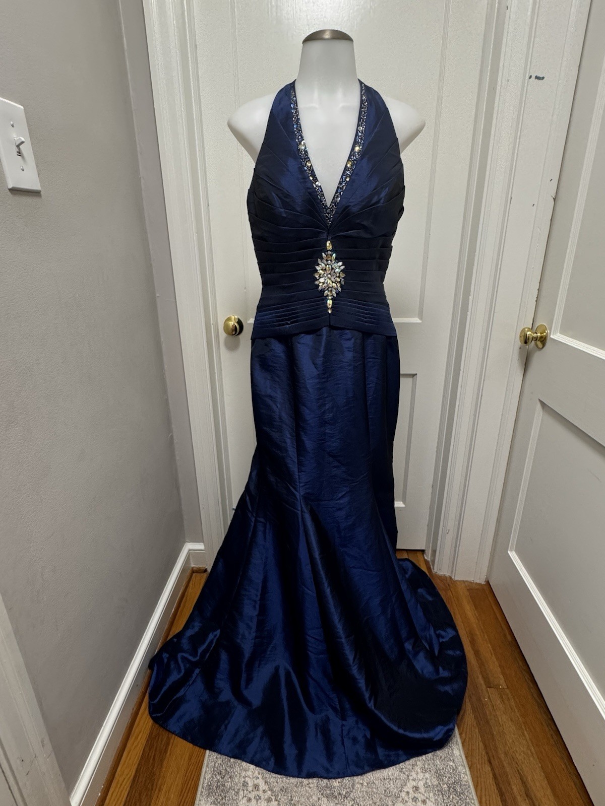 VTG B’Dazzle Alyce Designs Cobalt Blue Beaded Halter Mermaid Gown Dress Sz 8