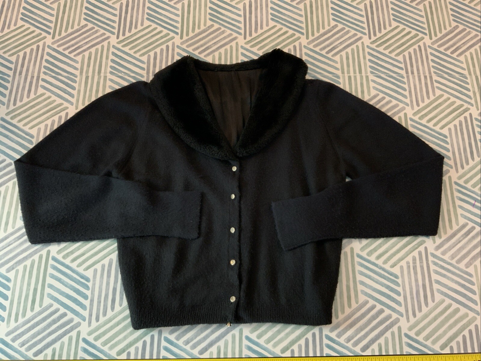 Vintage Storyk 100% Turbo Orlon Black Lined Secretary Sweater Rhinestones Sz XS