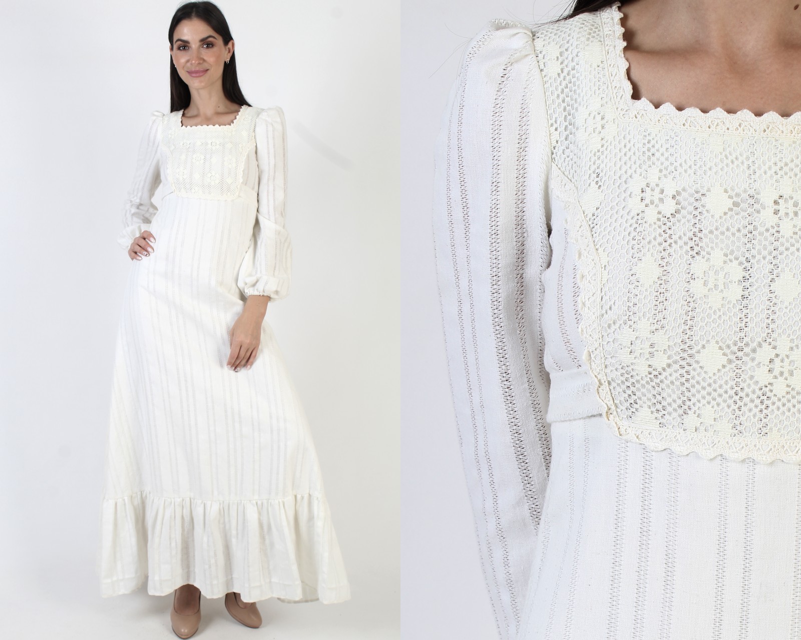 Vtg Gunne Sax Black Label Dress 1969 Jessica McClintock Cream Seersucker Gown