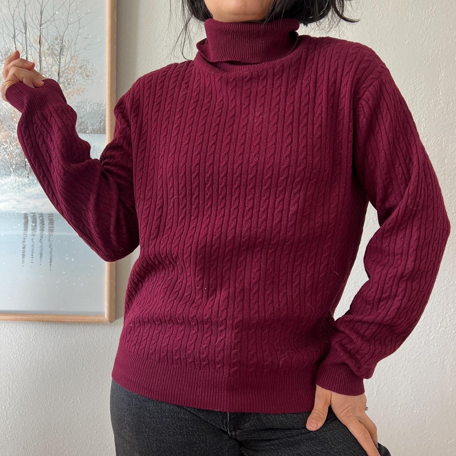 vintage 90s Silk Cashmere Turtleneck Sweater Burgundy Cable Knit Neiman Marcus